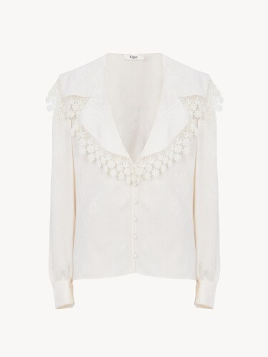 Maxi-collar blouse in silk jacquard & lace - 2