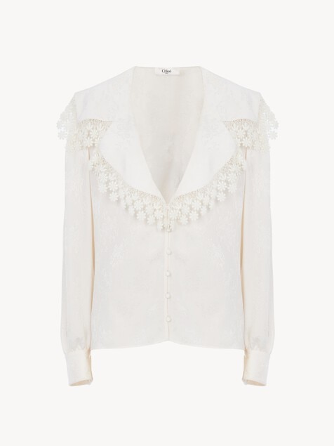 Maxi-collar blouse in silk jacquard & lace