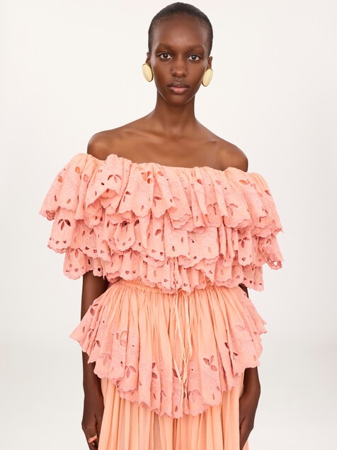 Ruffled long dress in cotton voile
